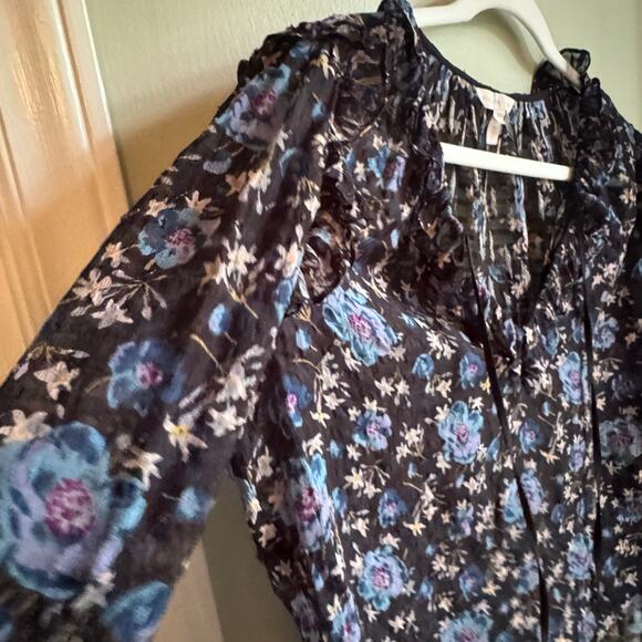 Rebecca Taylor Solstice Black Puff Sleeve Blouse Blue Floral Silk Cotton Blend - Picture 5 of 8